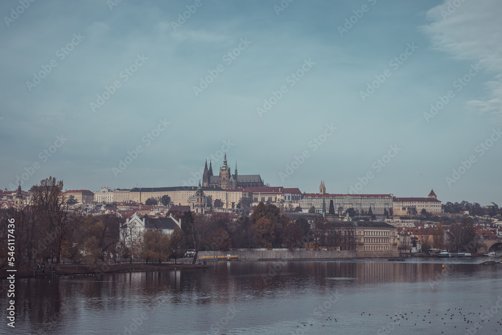View of Hradcani, looking from afar in the central Prague on a warm sunny autumn day.