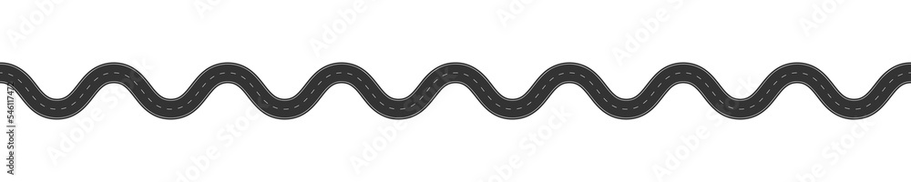 Horizontal waving asphalt road with marking. Top aerial view. Seamless highway template. Element of roadway isolated on white background. Part of city map. Vector graphic illustration Horizontal waving asphalt road with marking. Top aerial view. Seamless highway template. Element of roadway isolated on white background. Part of city map. Vector graphic illustration