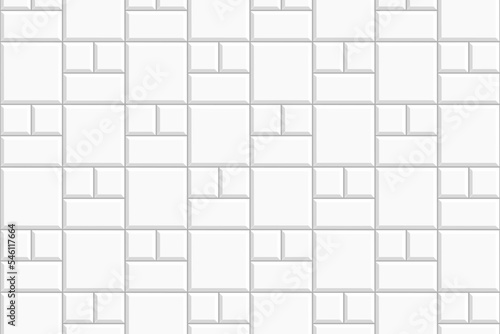 White basketweave tile mosaic layout. Stone or ceramic brick wall background. Kitchen backsplash texture. Bathroom, shower or toilet floor decoration. Causeway texture. Vector flat illustration