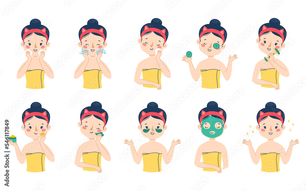 A beautiful woman takes care of her face skin step by step. Big vector set. Isolated on a white background A beautiful woman takes care of her face skin step by step. Big vector set. Isolated on a white background