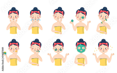 A beautiful woman takes care of her face skin step by step. Big vector set. Isolated on a white background