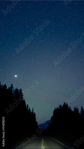 Vertical panorama of a stary night including a bright planet over a two-lane paved road in a forest setting 
