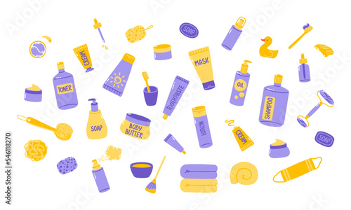 Vector collection of bottles and tubes with cosmetics and skin care products