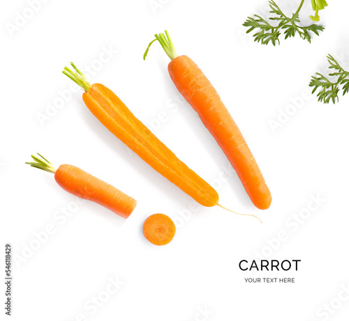 Creative layout made of carrot on the white background. Flat lay. Food concept. 