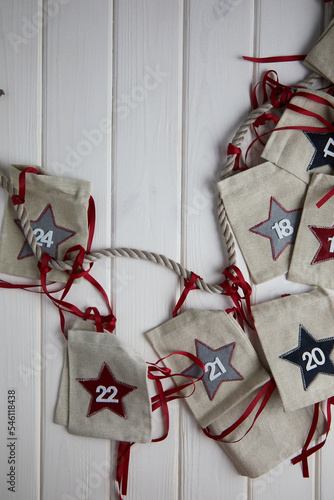 Handmade advent calendar. Gift bags for Xmas. Eco friendly Christmas gifts diy concept