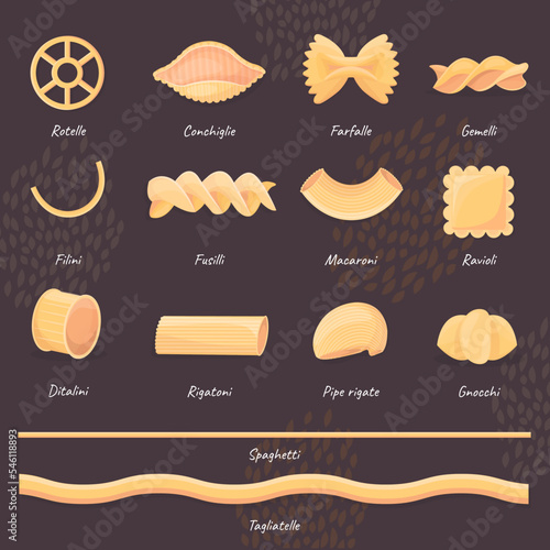 Italian national cuisine pasta cafe banner. For store ad, restaurant menu, dinner logo. Italian pasta inscription and datalini macaroni set noodles on vintage retro background. Pasta, traditional dish