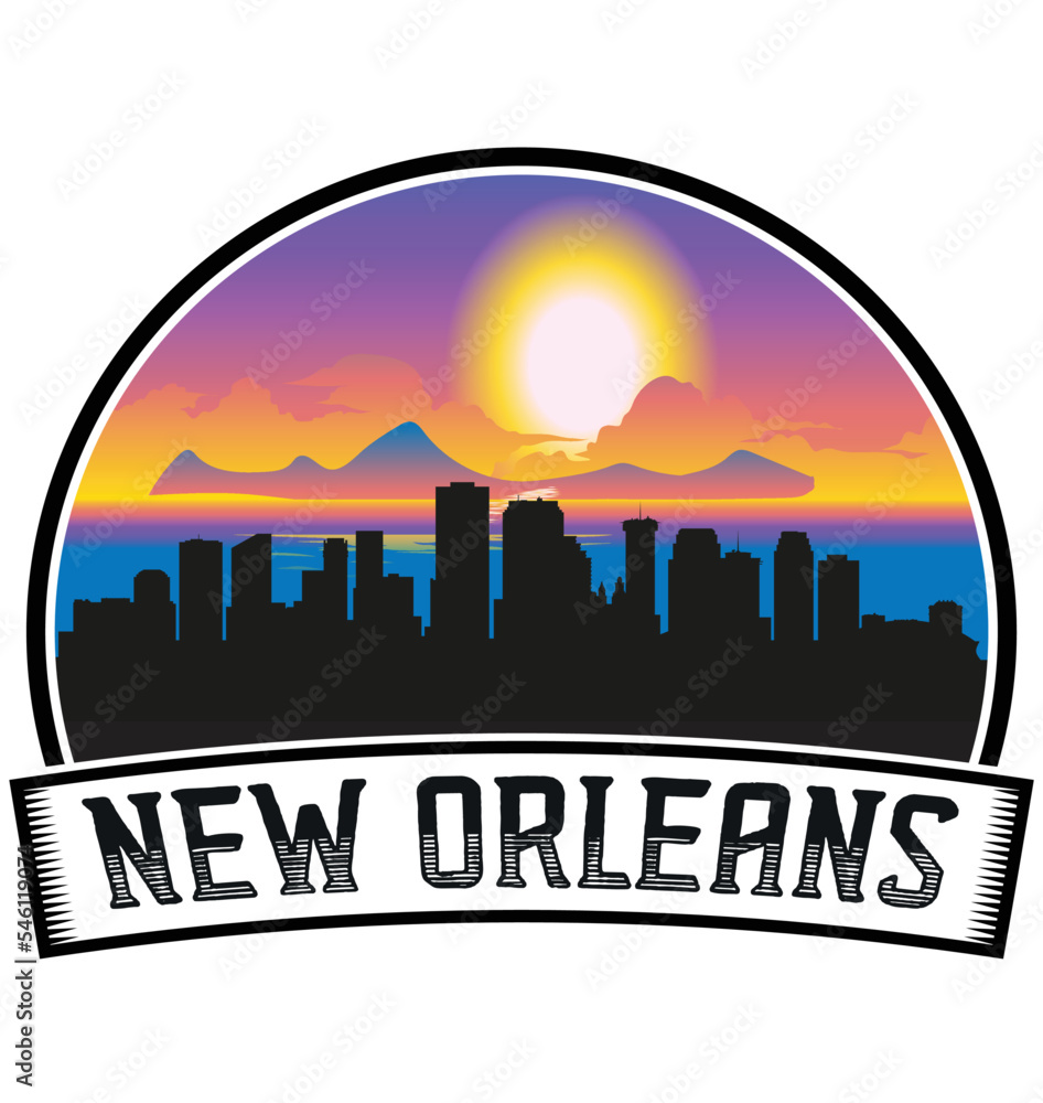 New Orleans Louisiana USA Skyline Sunset Travel Souvenir Sticker Logo Badge Stamp Emblem Coat of Arms Vector Illustration EPS