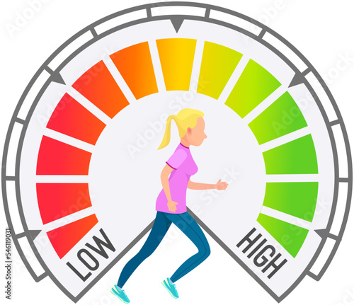 Running person and scale from low speed to high, sport and workout concept. Time measurement of marathon. Progress and success towards goal. Result of efforts of person in training, his achievements