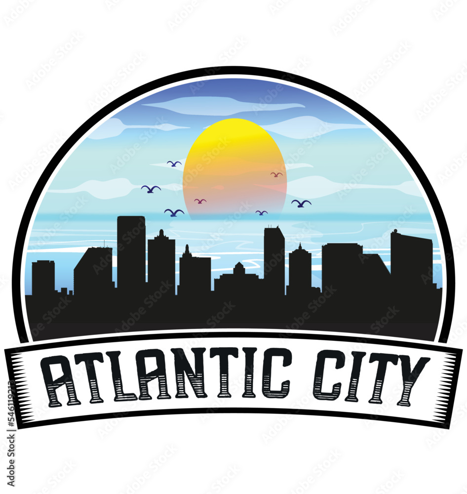 Atlantic City New Jersey USA Skyline Sunset Travel Souvenir Sticker Logo Badge Stamp Emblem Coat of Arms Vector Illustration EPS