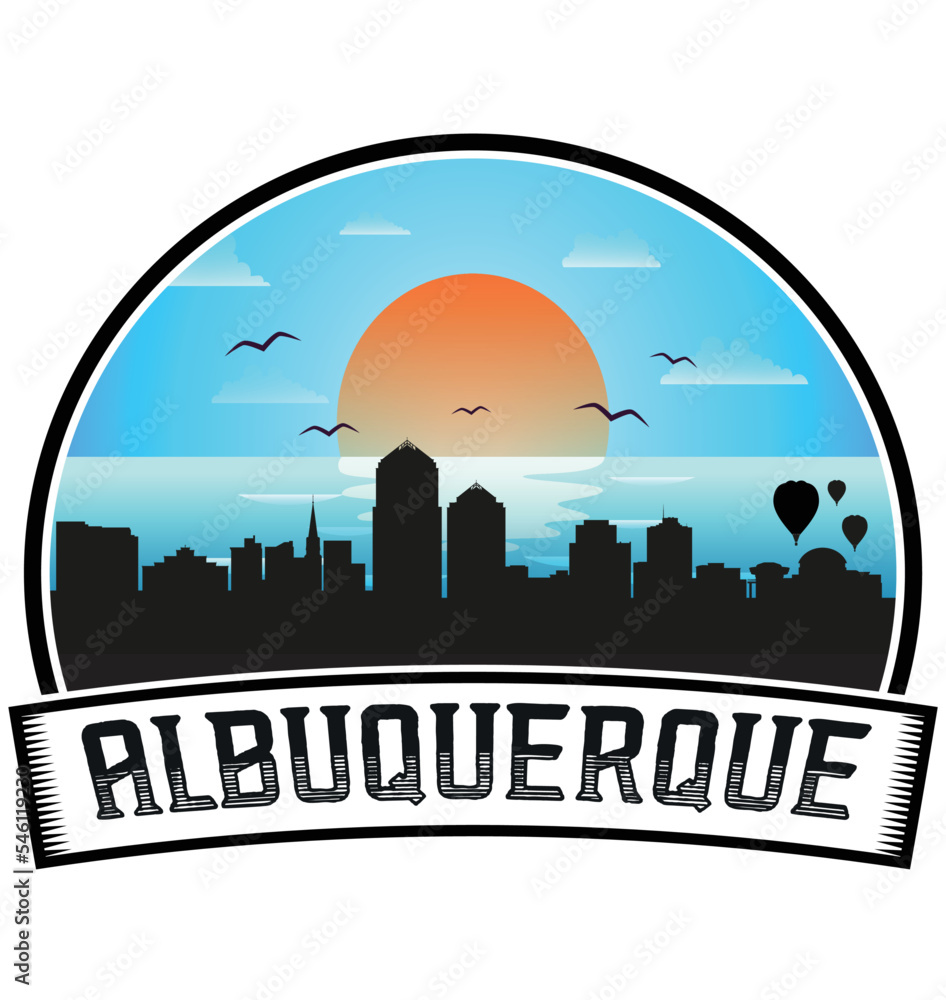 Albuquerque New Mexico USA Skyline Sunset Travel Souvenir Sticker Logo Badge Stamp Emblem Coat of Arms Vector Illustration EPS