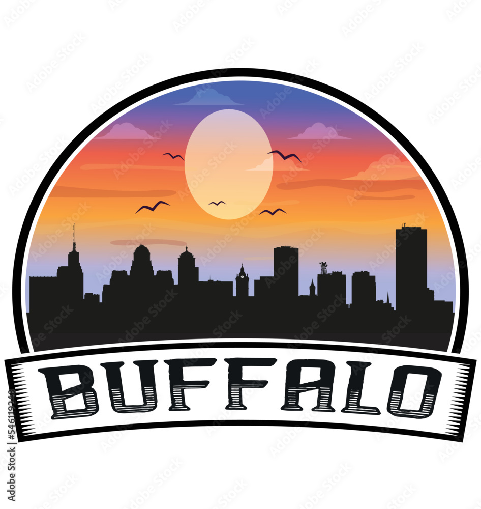 Buffalo New York USA Skyline Sunset Travel Souvenir Sticker Logo Badge Stamp Emblem Coat of Arms Vector Illustration EPS