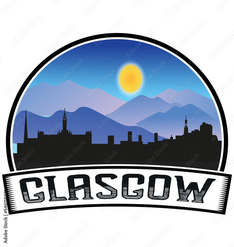 Glasgow Scotland Skyline Sunset Travel Souvenir Sticker Logo Badge Stamp Emblem Coat of Arms Vector Illustration EPS