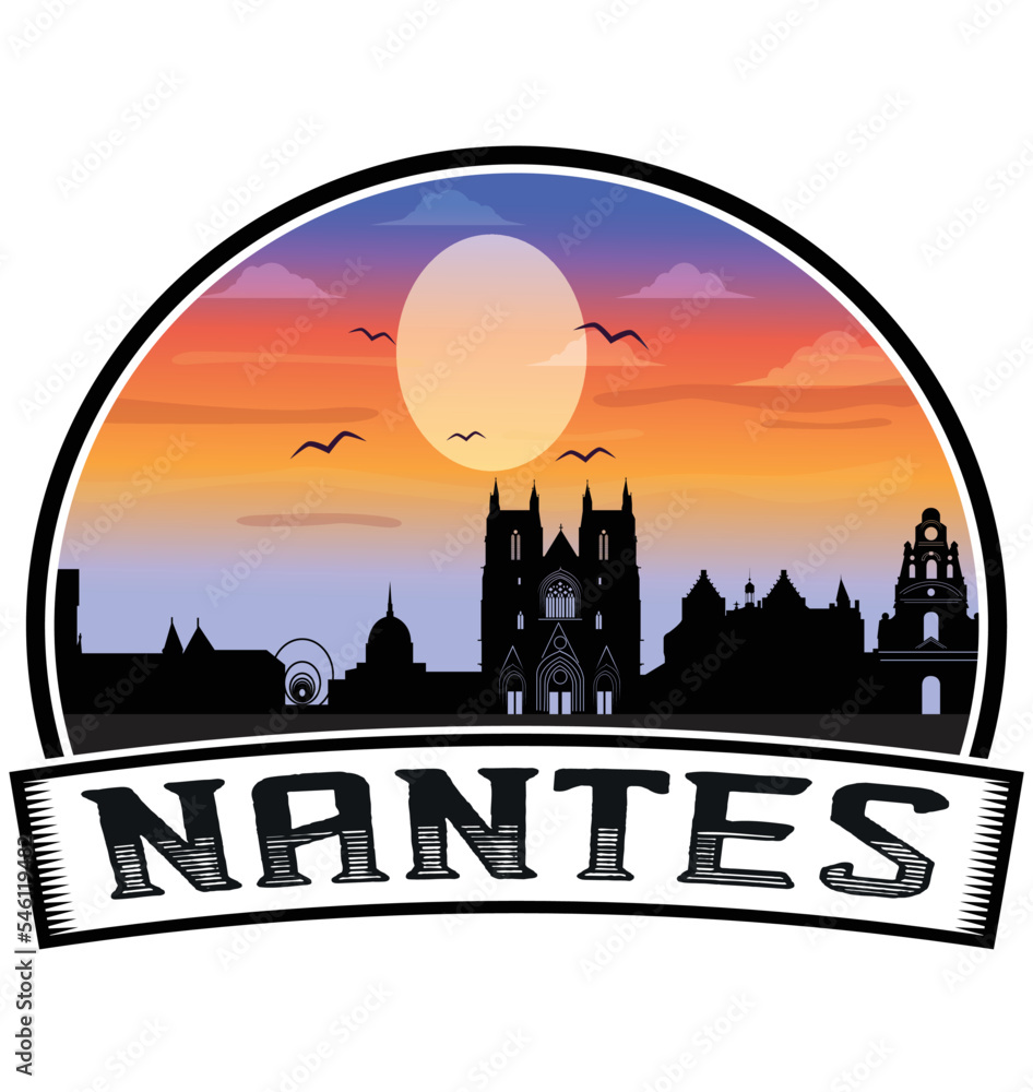 Nantes France Skyline Sunset Travel Souvenir Sticker Logo Badge Stamp Emblem Coat of Arms Vector Illustration EPS