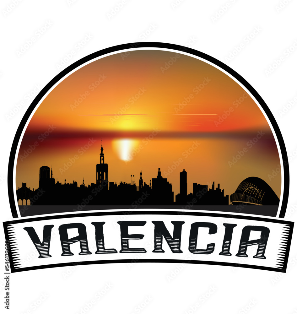 Valencia Spain Skyline Sunset Travel Souvenir Sticker Logo Badge Stamp Emblem Coat of Arms Vector Illustration EPS