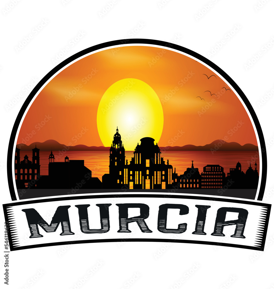 Murcia Spain Skyline Sunset Travel Souvenir Sticker Logo Badge Stamp Emblem Coat of Arms Vector Illustration EPS