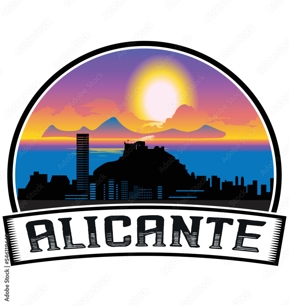 Alicante Spain Skyline Sunset Travel Souvenir Sticker Logo Badge Stamp Emblem Coat of Arms Vector Illustration EPS