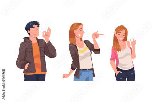 Man and Woman Character Showing Positive Hand Gesture Vector Set