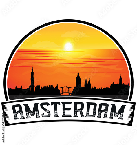 Amsterdam Netherlands Skyline Sunset Travel Souvenir Sticker Logo Badge Stamp Emblem Coat of Arms Vector Illustration EPS