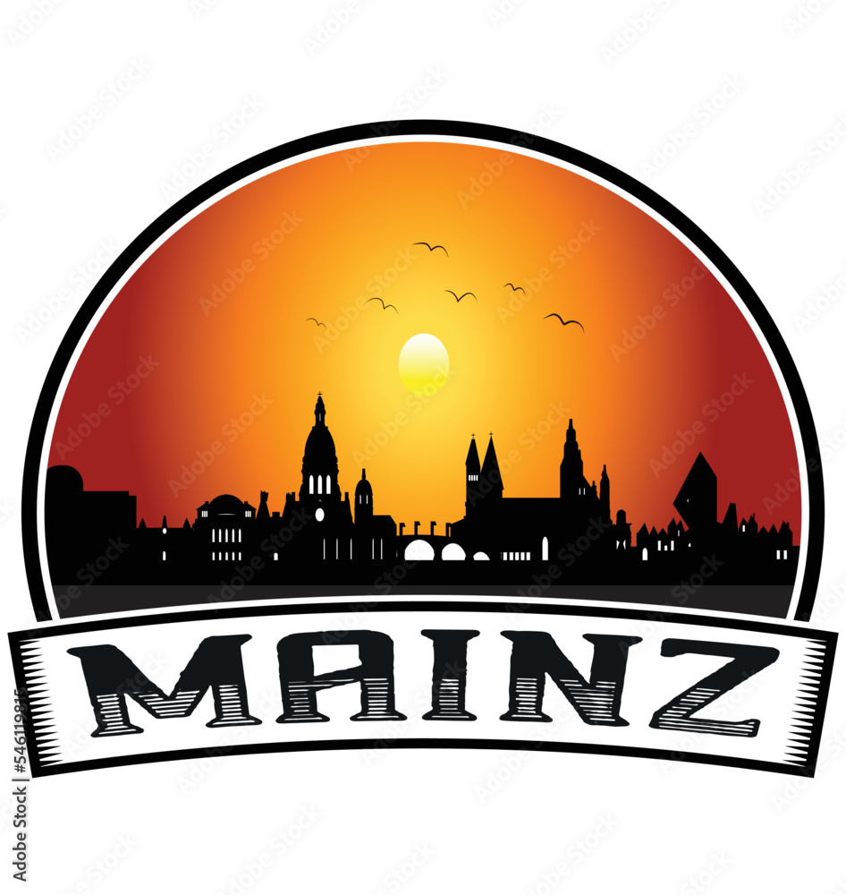 Mainz Germany Skyline Sunset Travel Souvenir Sticker Logo Badge Stamp Emblem Coat of Arms Vector Illustration EPS