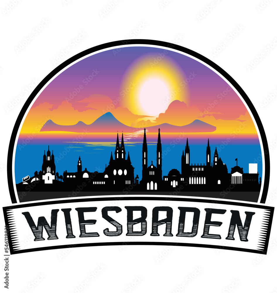 Wiesbaden Germany Skyline Sunset Travel Souvenir Sticker Logo Badge Stamp Emblem Coat of Arms Vector Illustration EPS