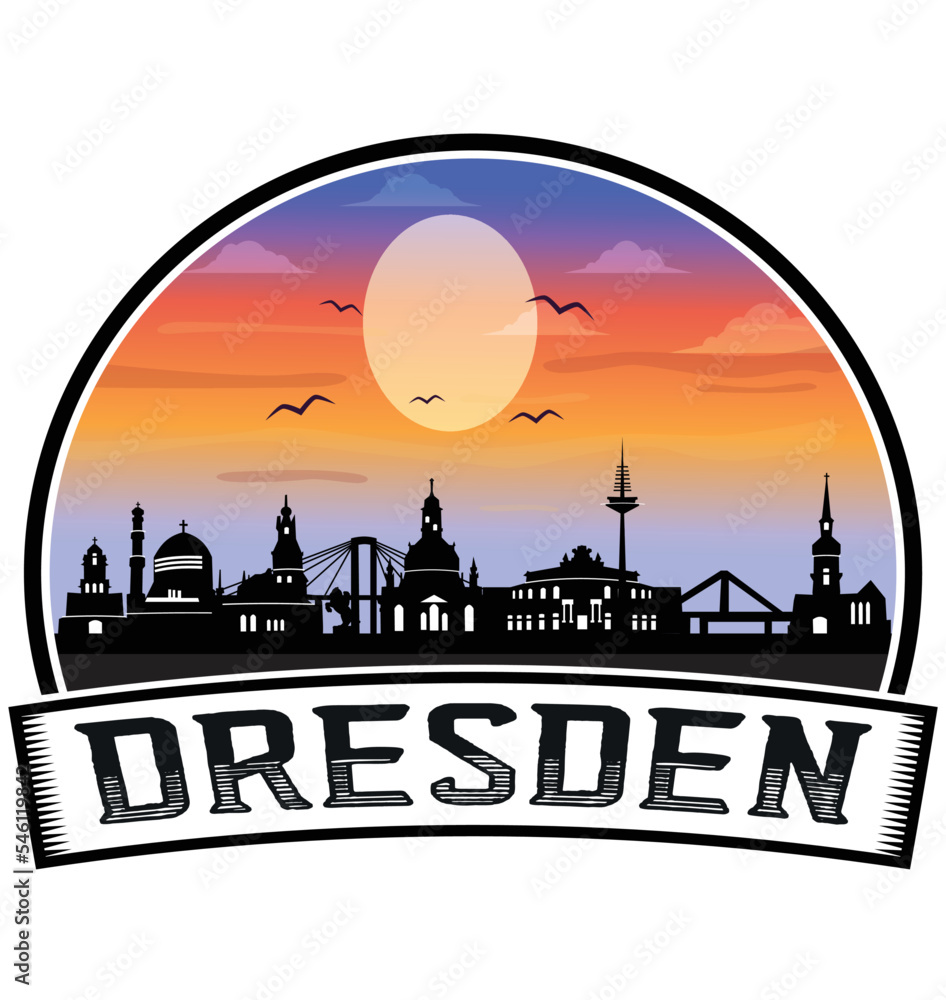 Dresden Germany Skyline Sunset Travel Souvenir Sticker Logo Badge Stamp Emblem Coat of Arms Vector Illustration EPS