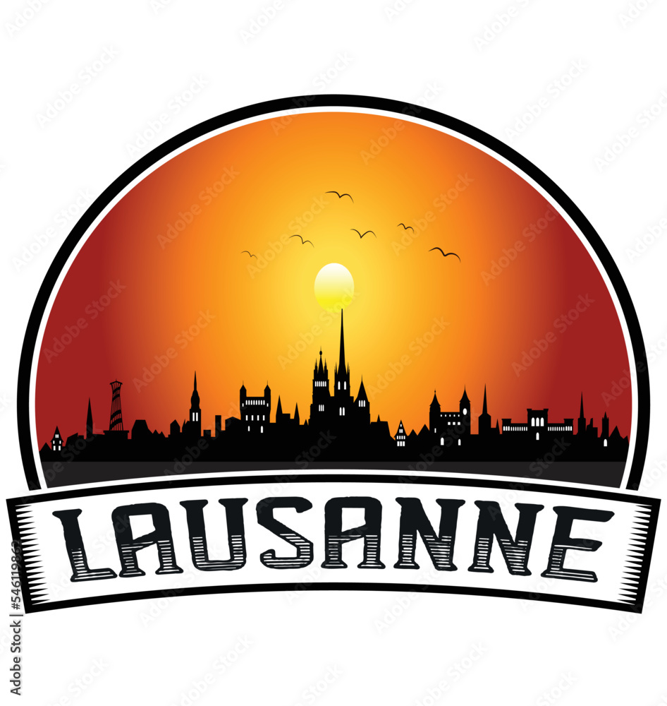 Lausanne Switzerland Skyline Sunset Travel Souvenir Sticker Logo Badge Stamp Emblem Coat of Arms Vector Illustration EPS