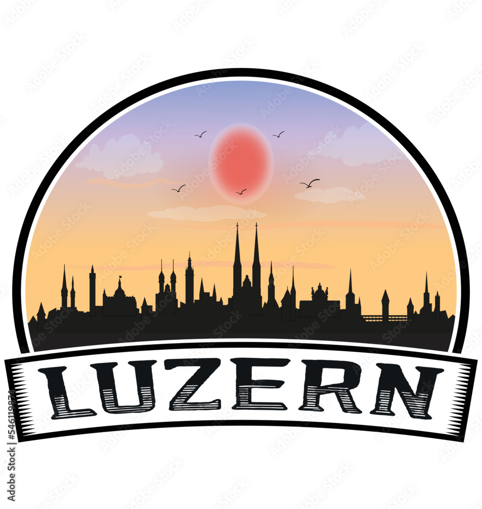 Luzern Switzerland Skyline Sunset Travel Souvenir Sticker Logo Badge Stamp Emblem Coat of Arms Vector Illustration EPS