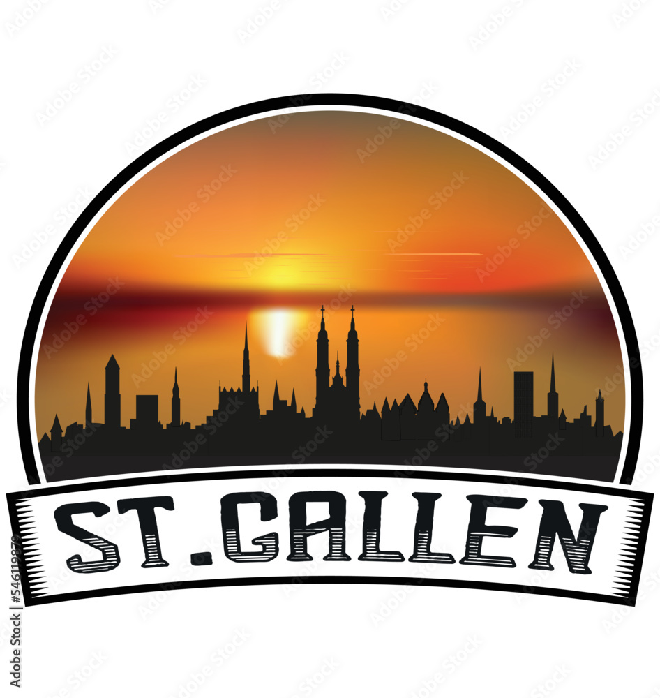 St. Gallen Switzerland Skyline Sunset Travel Souvenir Sticker Logo Badge Stamp Emblem Coat of Arms Vector Illustration EPS