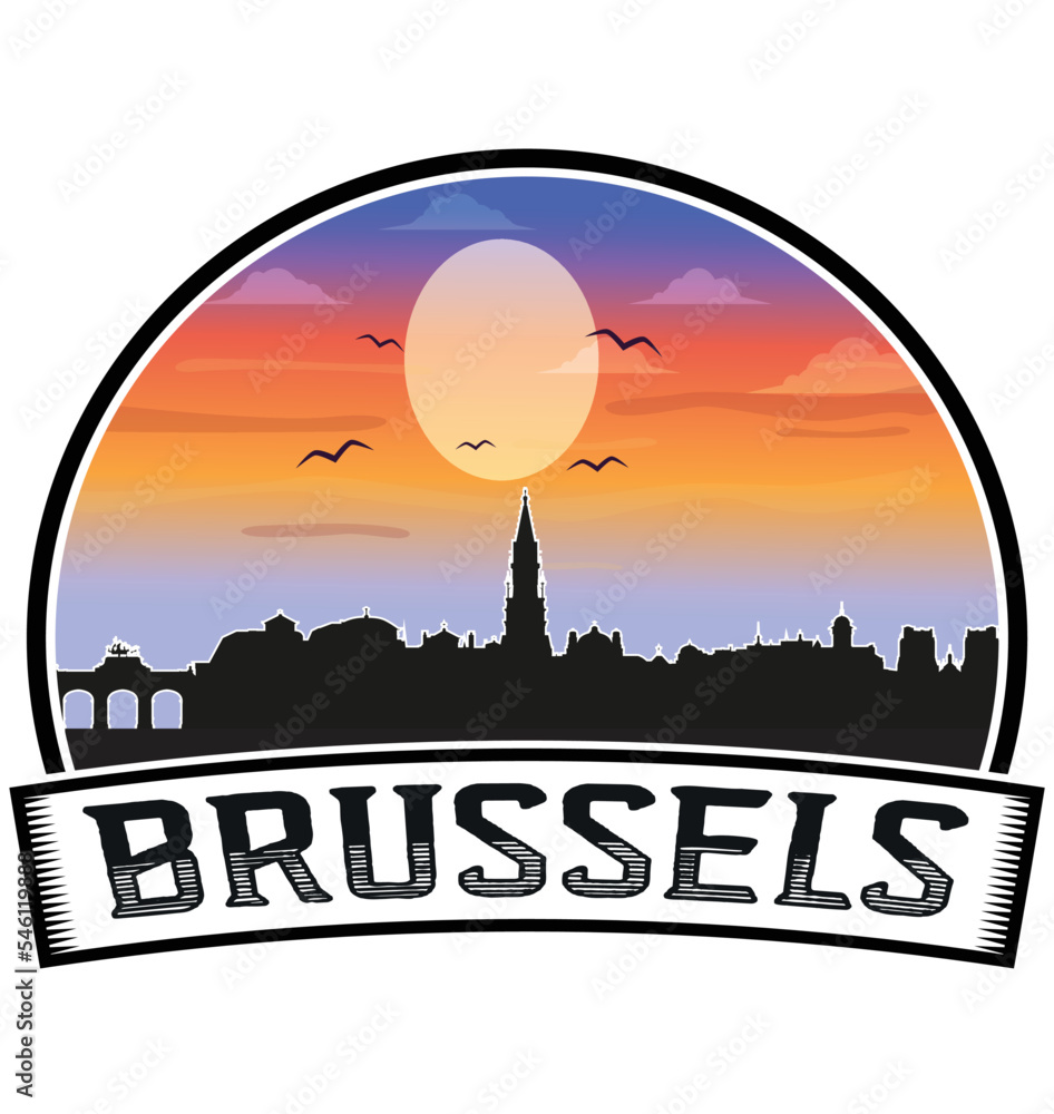 Brussels Belgium Skyline Sunset Travel Souvenir Sticker Logo Badge Stamp Emblem Coat of Arms Vector Illustration EPS