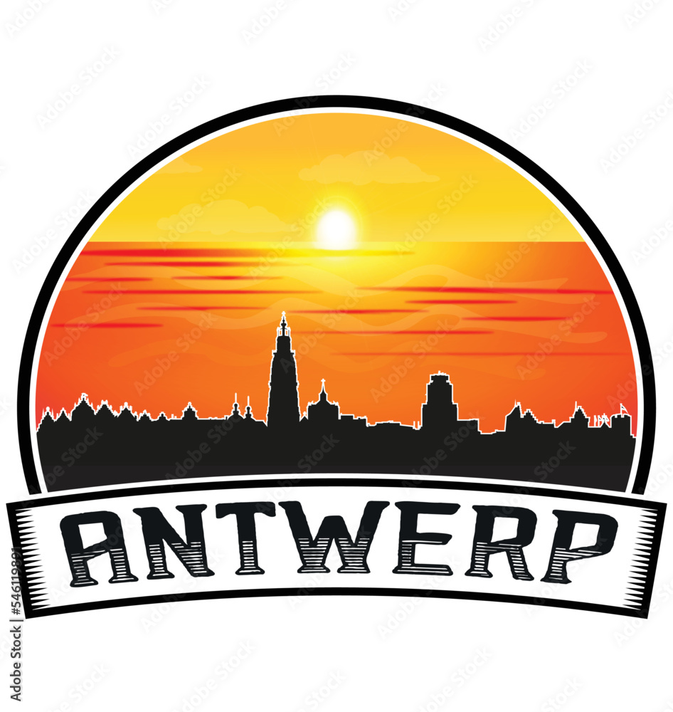 Antwerp Belgium Skyline Sunset Travel Souvenir Sticker Logo Badge Stamp Emblem Coat of Arms Vector Illustration EPS