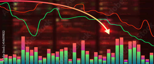 Arrow down graph on red background. Money losing. Stock crisis or finance concept
