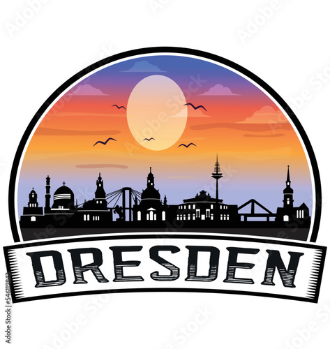 Dresden Germany Skyline Sunset Travel Souvenir Sticker Logo Badge Stamp Emblem Coat of Arms Vector Illustration EPS