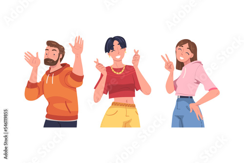 Man and Woman Character Showing Positive Hand Gesture Vector Set