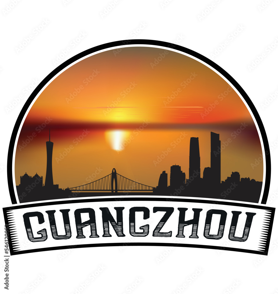 Guangzhou China Skyline Sunset Travel Souvenir Sticker Logo Badge Stamp Emblem Coat of Arms Vector Illustration EPS