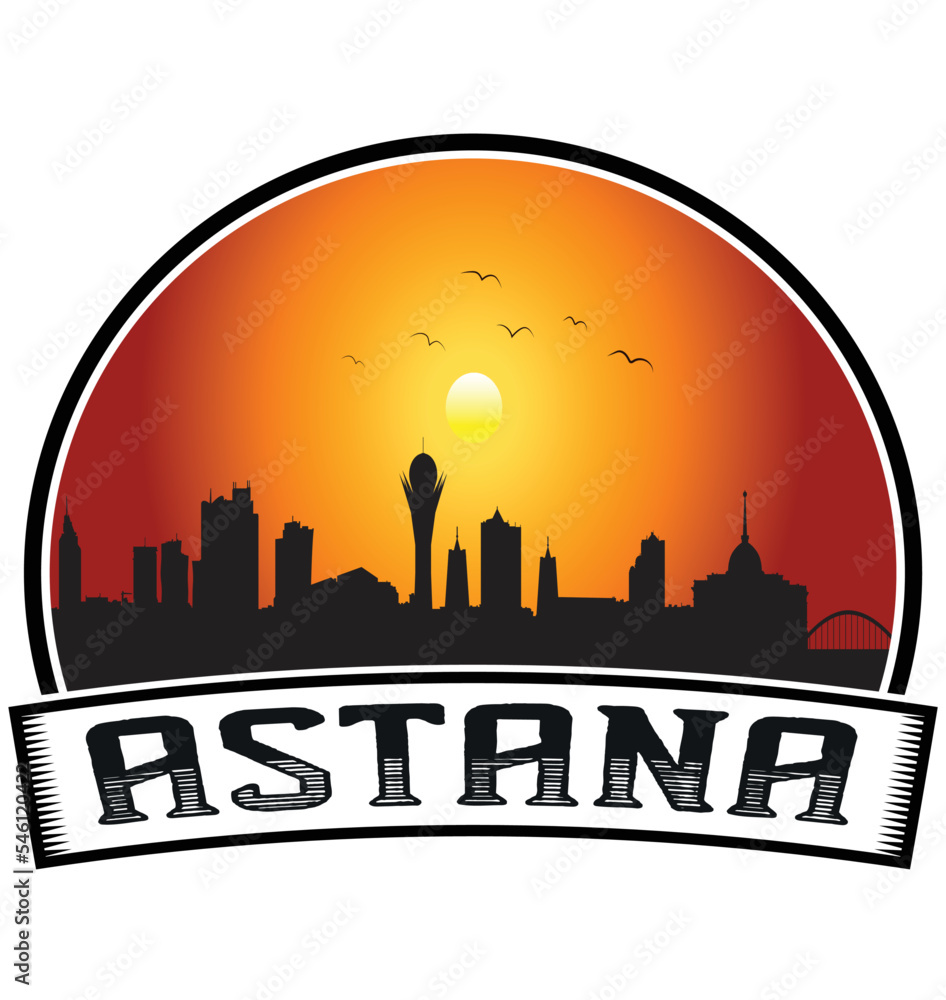 Astana Kazakhstan Skyline Sunset Travel Souvenir Sticker Logo Badge Stamp Emblem Coat of Arms Vector Illustration EPS
