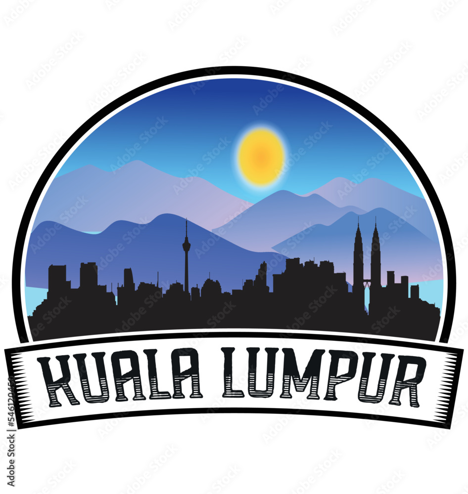 Kuala Lumpur Malaysia Skyline Sunset Travel Souvenir Sticker Logo Badge Stamp Emblem Coat of Arms Vector Illustration EPS