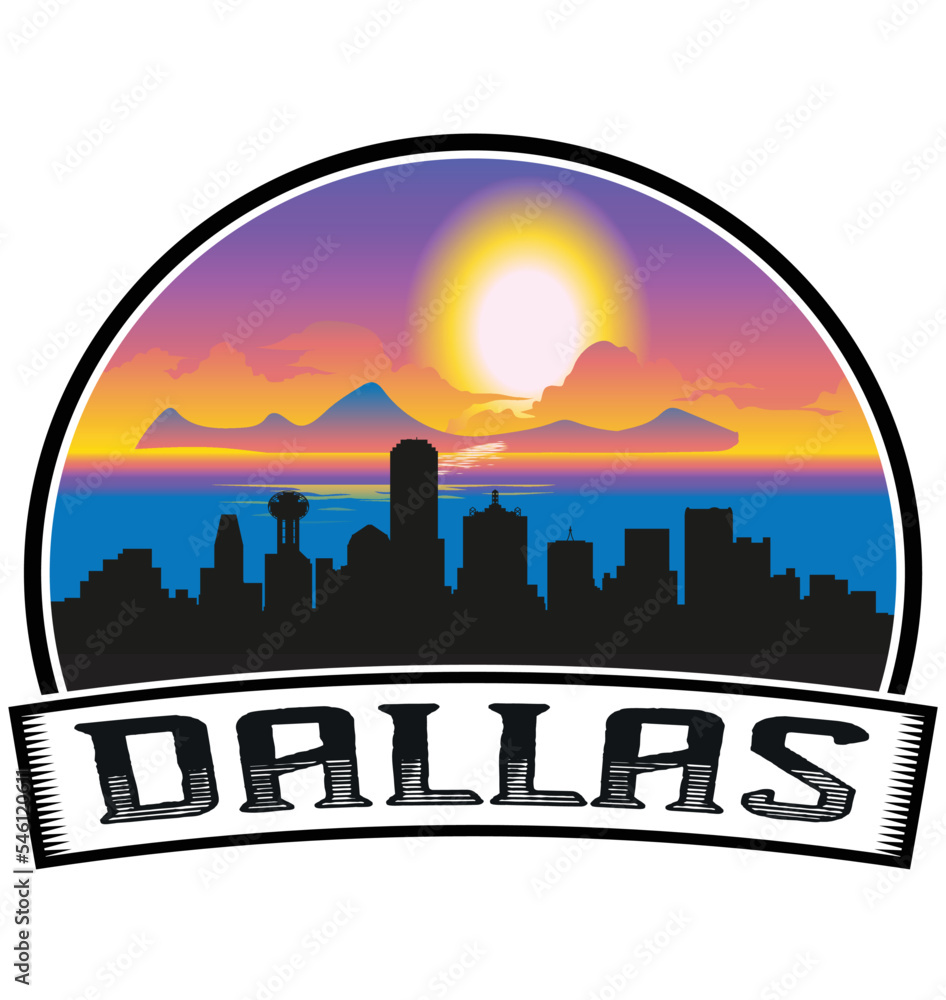 Dallas Texas USA Skyline Sunset Travel Souvenir Sticker Logo Badge Stamp Emblem Coat of Arms Vector Illustration EPS