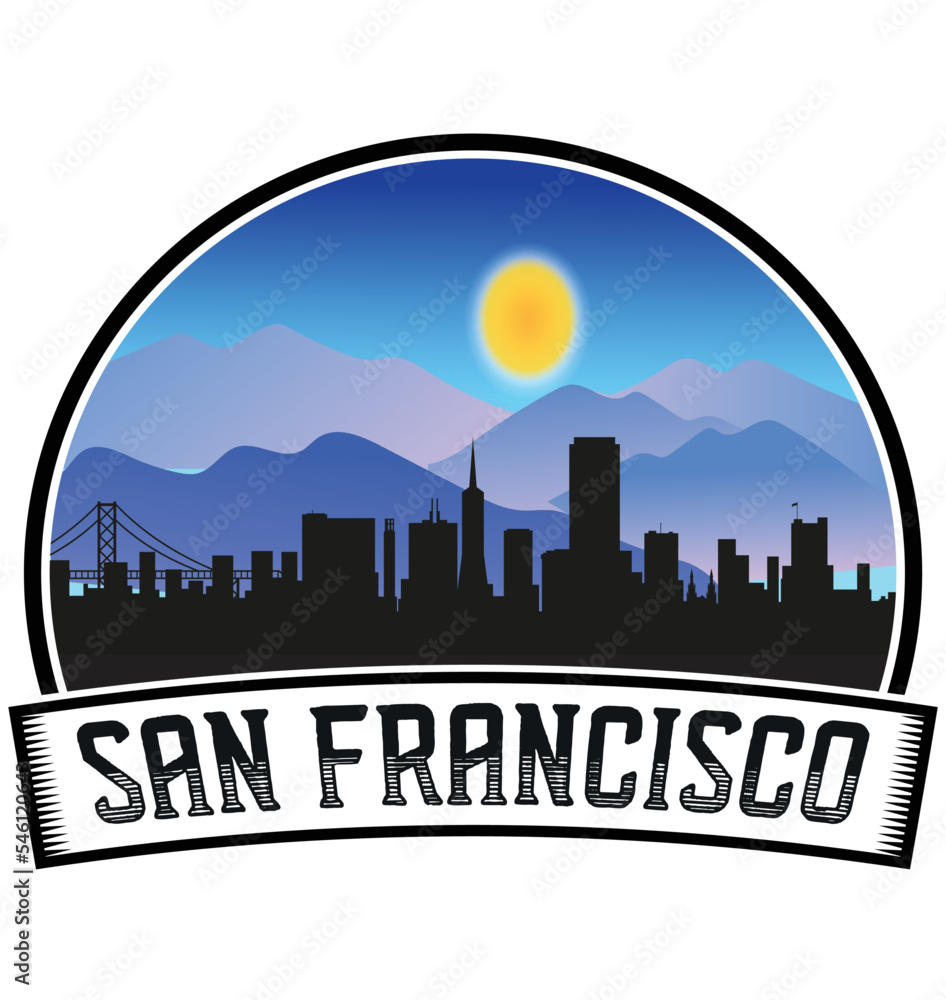 San Francisco California USA Skyline Sunset Travel Souvenir Sticker Logo Badge Stamp Emblem Coat of Arms Vector Illustration EPS