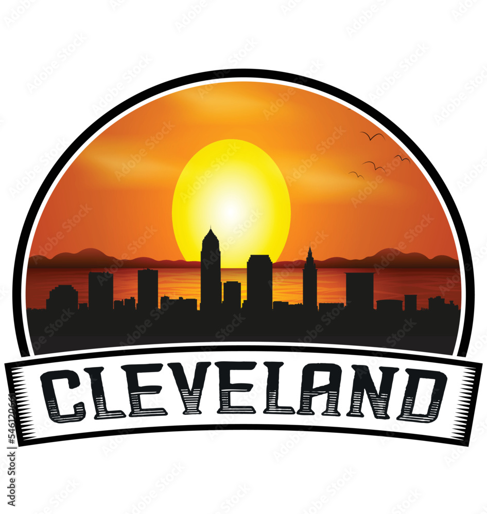 Cleveland Ohio USA Skyline Sunset Travel Souvenir Sticker Logo Badge Stamp Emblem Coat of Arms Vector Illustration EPS