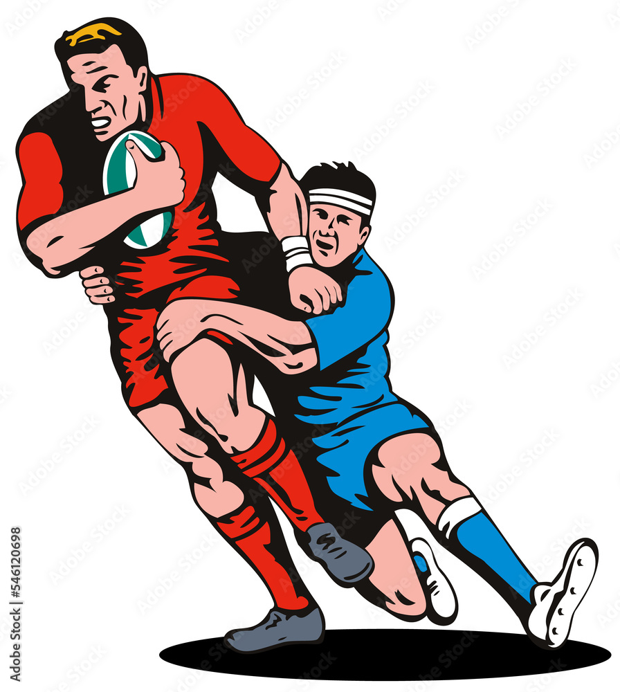 illustration of a rugby player running passing the ball being tackled on isolated background illustration of a rugby player running passing the ball being tackled on isolated background