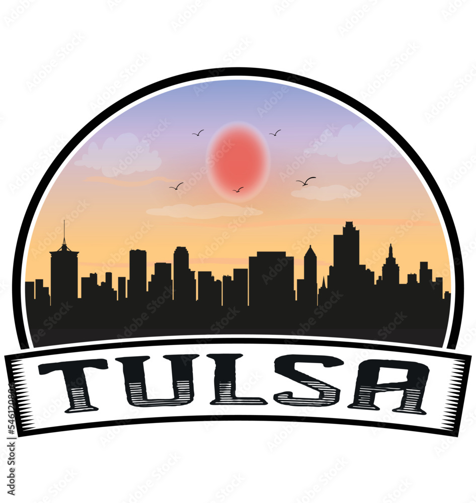 Tulsa Oklahoma USA Skyline Sunset Travel Souvenir Sticker Logo Badge Stamp Emblem Coat of Arms Vector Illustration EPS