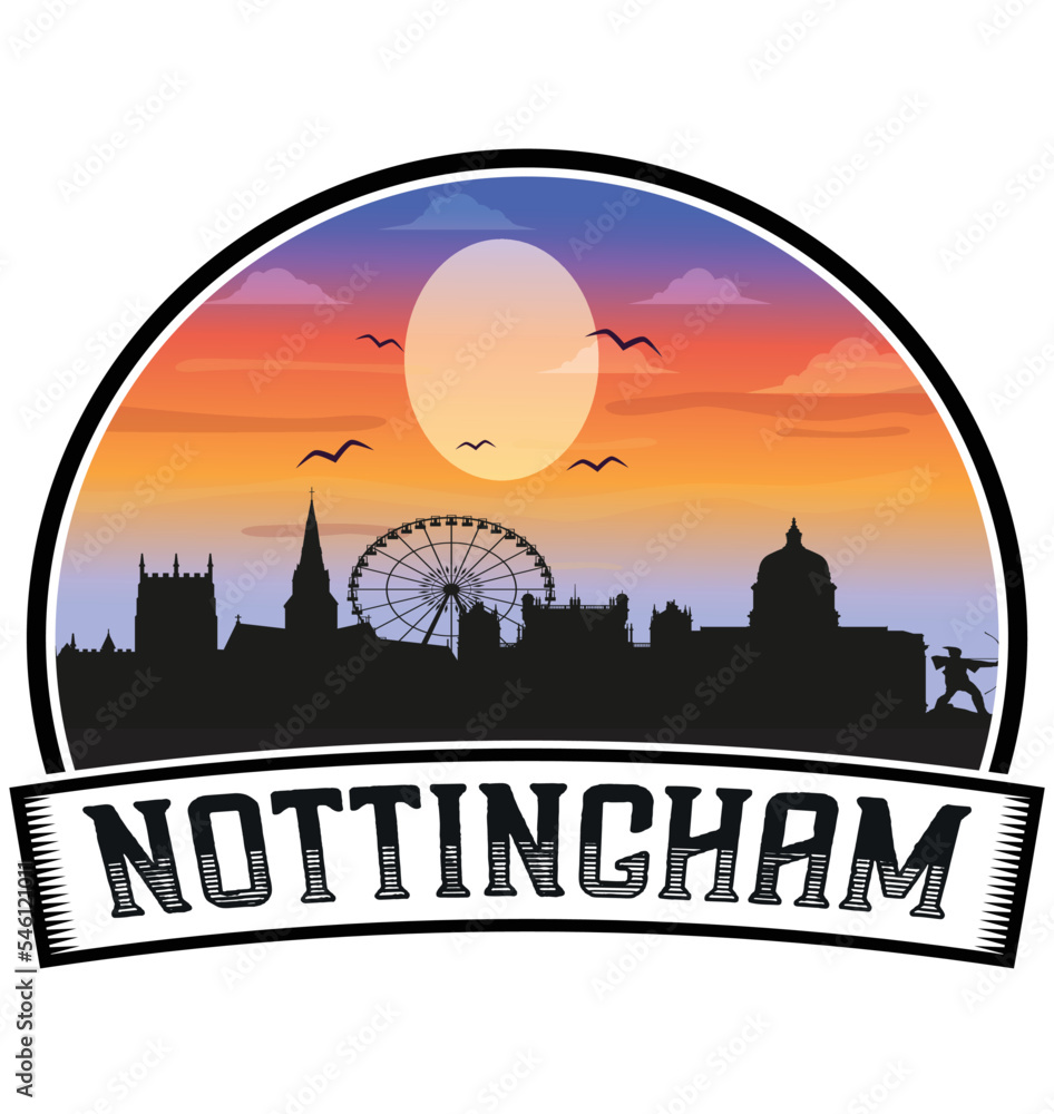 Nottingham England Skyline Sunset Travel Souvenir Sticker Logo Badge Stamp Emblem Coat of Arms Vector Illustration EPS
