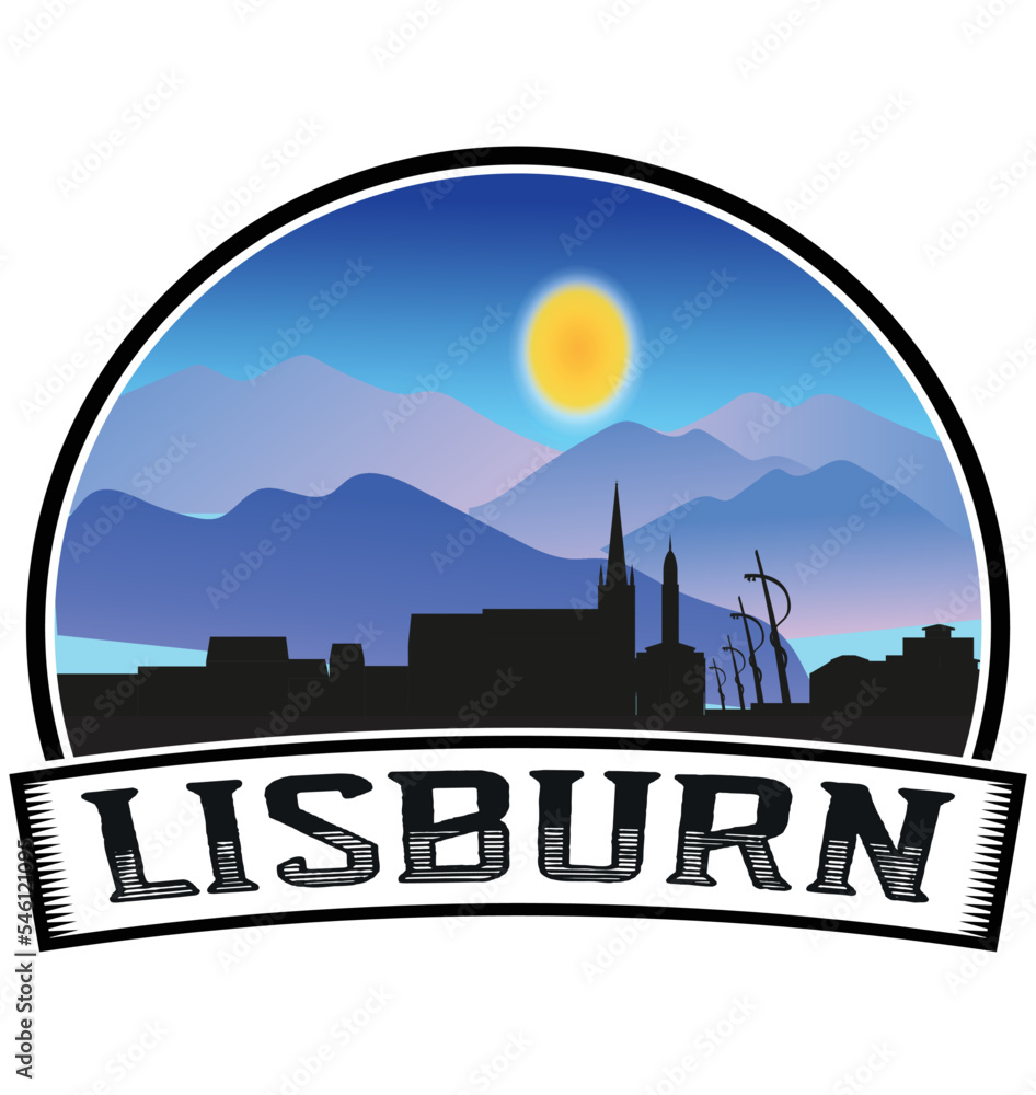 Lisburn Northern Ireland Skyline Sunset Travel Souvenir Sticker Logo Badge Stamp Emblem Coat of Arms Vector Illustration EPS