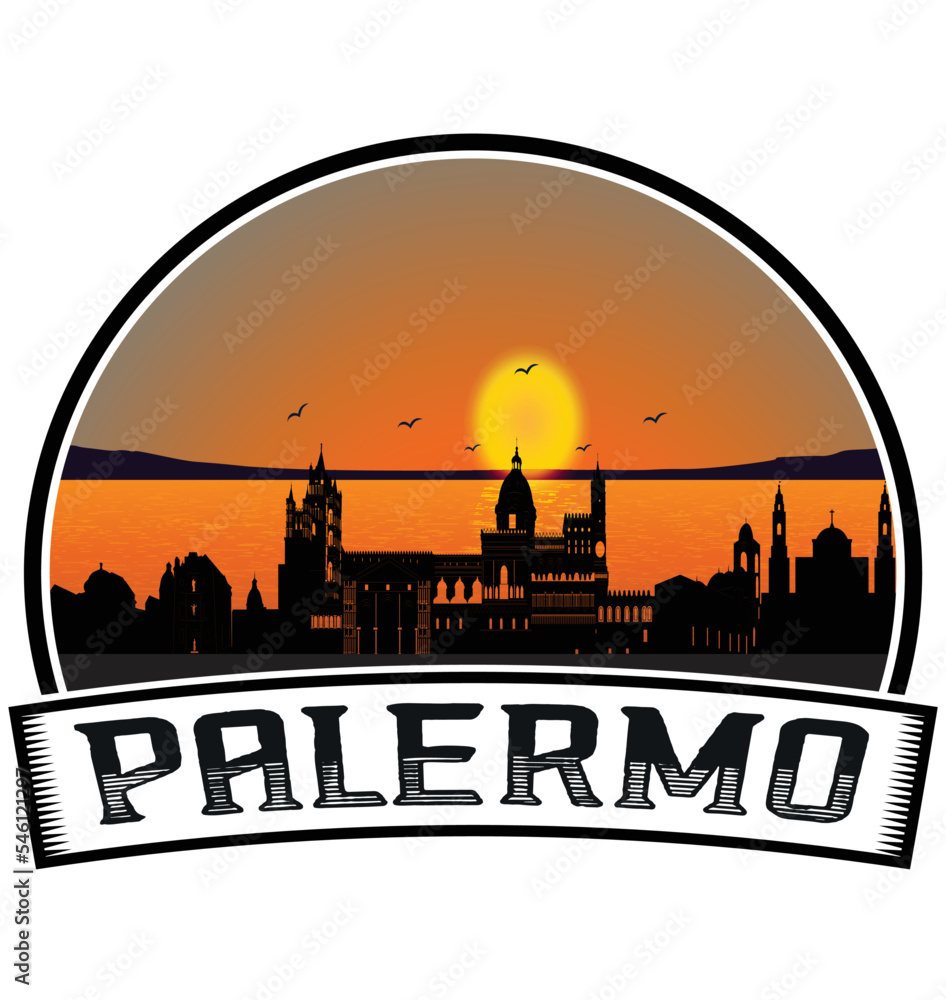 Palermo Italy Skyline Sunset Travel Souvenir Sticker Logo Badge Stamp Emblem Coat of Arms Vector Illustration EPS