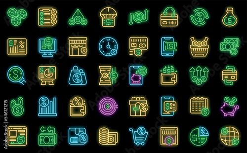 Cashback service icons set outline vector. Cash money. Coin earn neon color on black