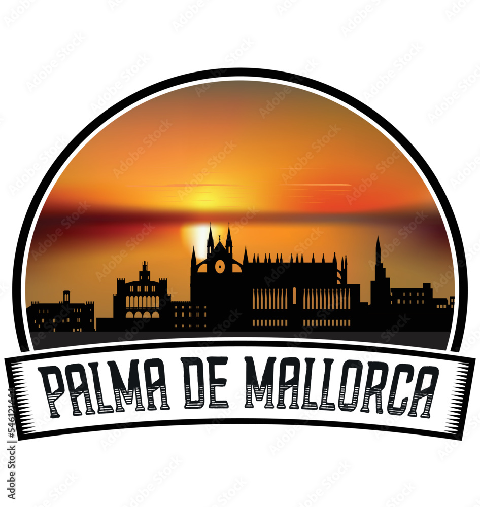 Palma De Mallorca Spain Skyline Sunset Travel Souvenir Sticker Logo Badge Stamp Emblem Coat of Arms Vector Illustration EPS