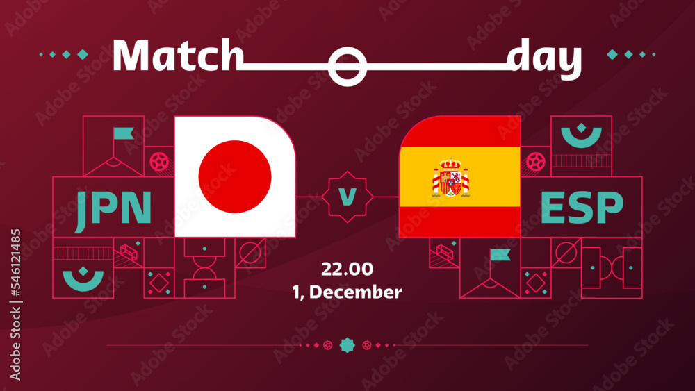 japan, spain match Football  Qatar, cup 2022. 2022 World Football Competition championship match versus teams intro sport background, championship competition poster, vector illustration