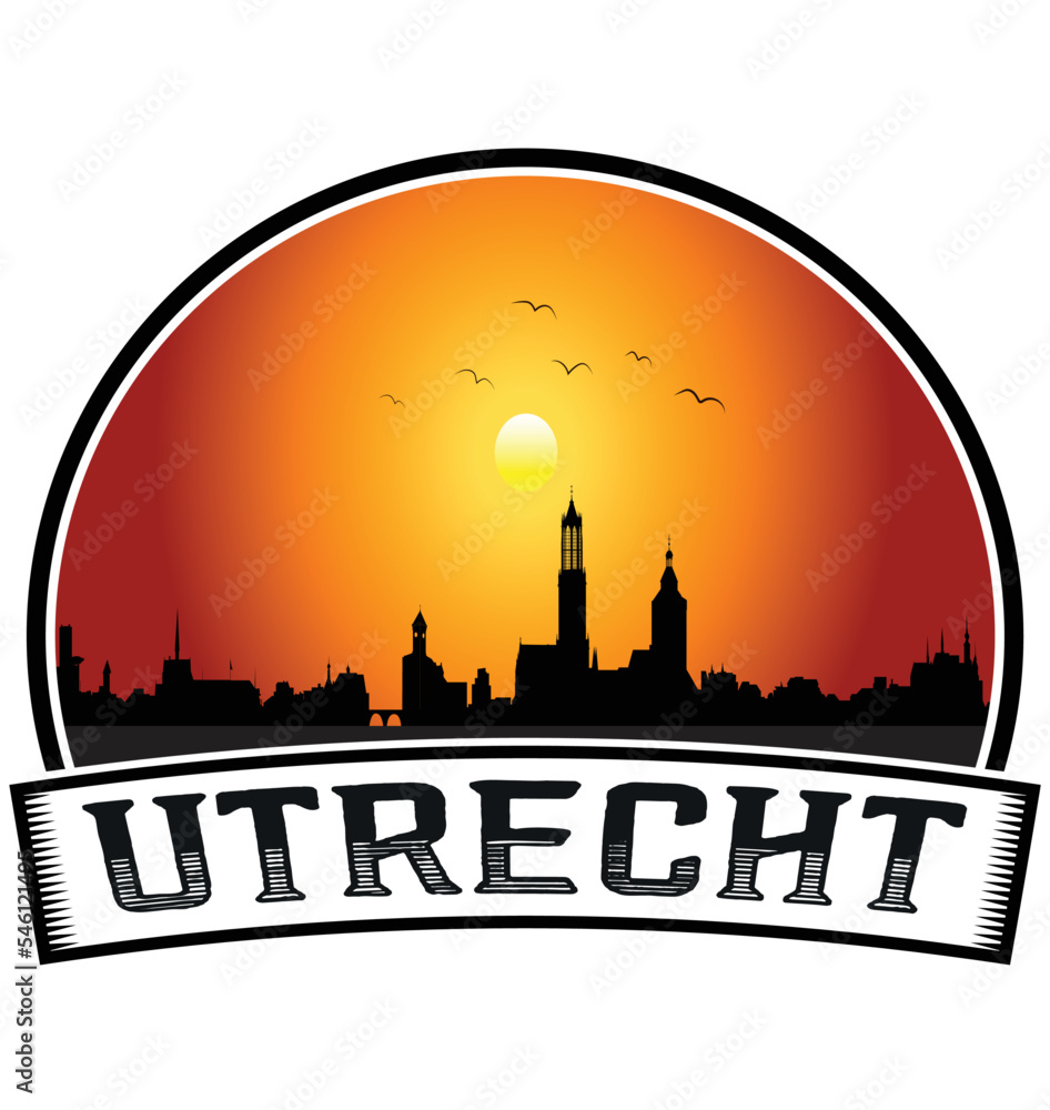 Utrecht Netherlands Skyline Sunset Travel Souvenir Sticker Logo Badge Stamp Emblem Coat of Arms Vector Illustration EPS