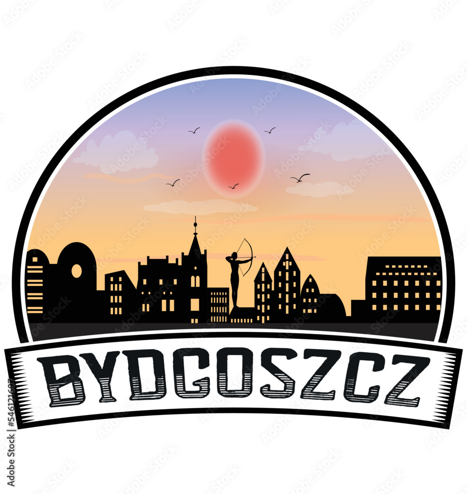 Bydgoszcz Poland Skyline Sunset Travel Souvenir Sticker Logo Badge Stamp Emblem Coat of Arms Vector Illustration EPS