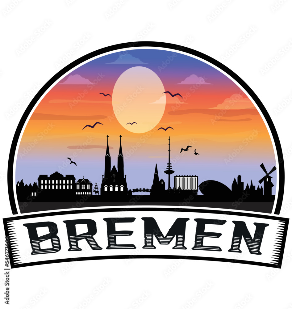 Bremen Germany Skyline Sunset Travel Souvenir Sticker Logo Badge Stamp Emblem Coat of Arms Vector Illustration EPS